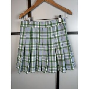 AERIE BLUE PLAID SKIRT Small PLEATED PLEATS‎ TWILL ELASTIC WAIST GREEN WHITE